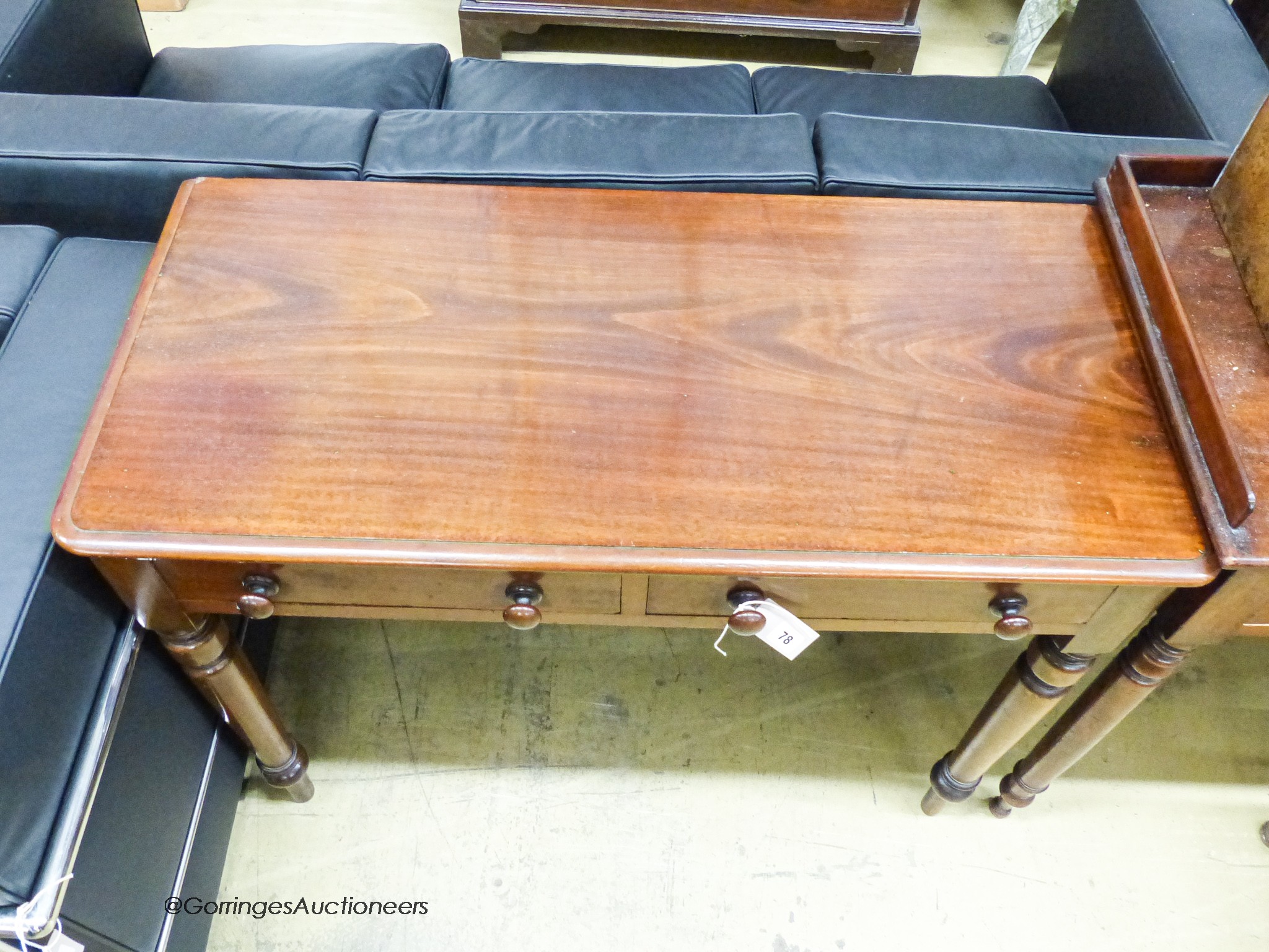 A Victorian mahogany two drawer side table, width 98cm, depth 45cm, height 74cm